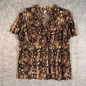 Vtg Snake Print Popover Top Brown Ruffle‎ Collar Blouse Womens 3X Boho Babydoll
